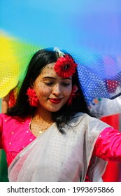 Bangladeshi Beautiful Girl Face And Traditional Girls Wearing Saree At Dhaka Bangladesh Photo Taken Date:2-18-2021