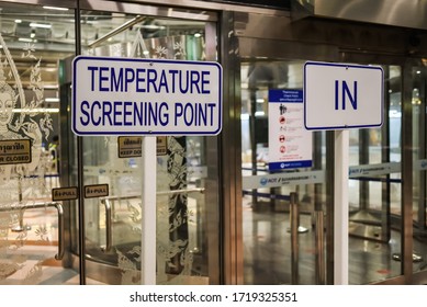 BANGOK, THAILAND - APRIL, 2020: Temperature Screening Check Point A Protective Measure At The Entrance Of Suvarnabhumi Airport To Detect COVID-19 Coronavirus Through Body Temperature