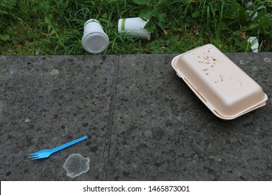 Bangor, Gwynedd, Wales, UK. July 27, 2019. Discarded Polystyrene And Plastic Fast Food Rubbish  Polluting A Beautiful Park.