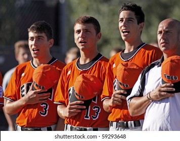 BANGOR, MAINE - AUGUST 15: Players With Italy Sing Duing The Playing Of Their National Anthem At The 2010 Senior League Baseball World Series On August 15, 2010 In Bangor, Maine.