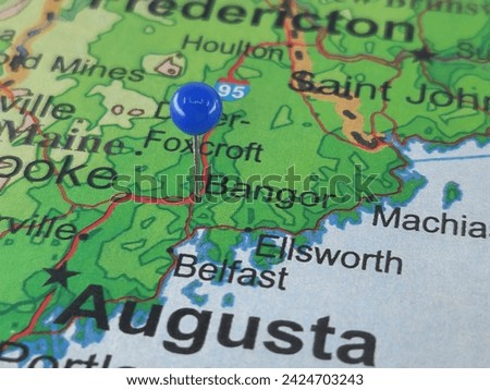 Bangor, Maine marked by a blue map tack. The City of Bangor is the county seat of Penobscot County, ME.