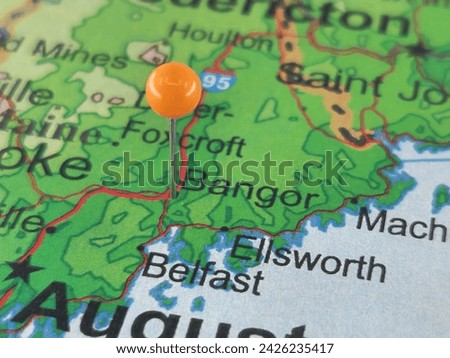Bangor, Maine marked by an orange map tack. The City of Bangor is the county seat of Penobscot County, ME.