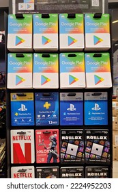 BANGSAR, MALAYSIA - 31 OCT 2022: Various Choice Gift Cards On Display Shelf In 7-eleven Store. A Gift Card Is A Prepaid Card Issued By A Retailer To Be Used For Purchases Within A Particular Store.