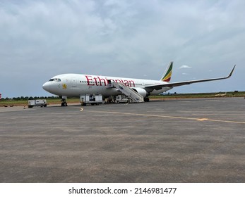 Bangui, Central African Republic - 18 April 2022: Ethiopian Airlines Boeing 767 Waiting At The Tarmac Of Bangui Mpoko International Airport Operating UN Charter Flights.