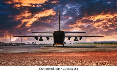 Bangui, Central African Republic - 23 April 2022: Rear view of a Tunisia Air Force C-130J super Hercules at Mpoko International Airport. Military transport aircraft carrying UN troops in Africa.