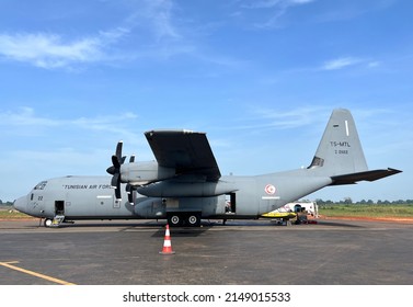 Bangui, Central African Republic - 24 April 2022: A Tunisia Air Force C-130J ‘Super Hercules’ used for UN troops deployment waiting in the tarmac of Bangui Mpoko International Airport.