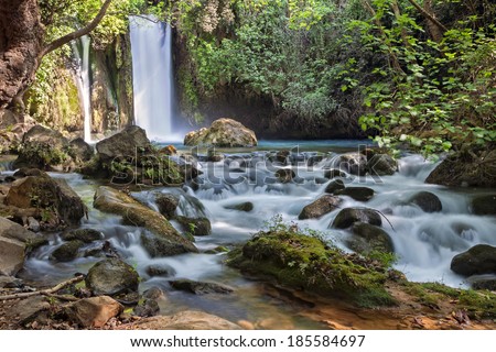 Banias waterfall stream. River Hermon, Nature Reserve in the north of Israel 