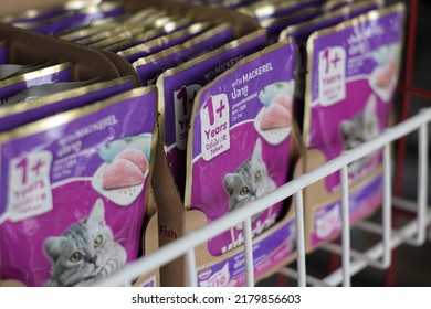 Banjar, West Java - July, 16, 2022: Cat Food Sold On A Pet Store Shelf