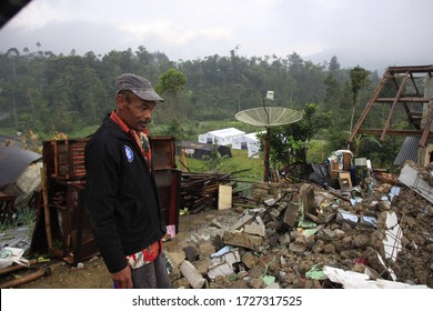 Banjarnegara, Central Java, Indonesia, April 24-2018. An Earthquake Victim Whose House Was Damaged