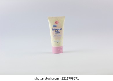 Banjarnegara, Oktober 04, 2022 Indonesian Baby Cream Product From Johnson's Isolated At White Background