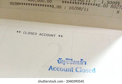 Bank Account Passbook Update With Stamp ACCOUNT CLOSED (English And Thai Language), To Confirm The Account Is Already Closed Down, No Balance Left