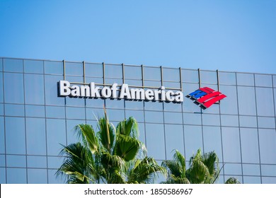 Bank of America sign and trademark logo on glass facade of BofA Financial Center tower building - Los Angeles, California, USA - 2020