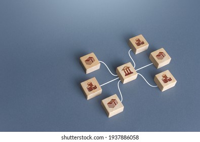 Bank blocks are linked to money by lines. Operation of money funds, transactions. Lending, deposits. Capital Markets. Investment. Borrowing. Capitalization and liquidity of financial banking system. - Shutterstock ID 1937886058