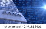 Bank building with digital binary code background representing modern financial tech. Finance, technology, banking, fintech, innovation, investment