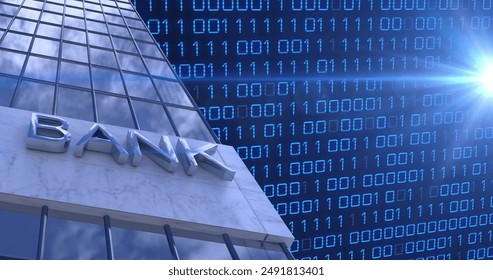 Bank building with digital binary code background representing modern financial tech. Finance, technology, banking, fintech, innovation, investment
