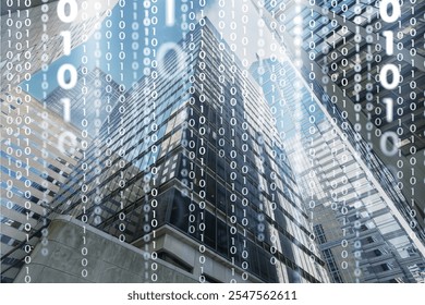 Bank building and digital binary code for financial tech concept