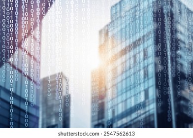 Bank building and digital binary code for financial tech concept