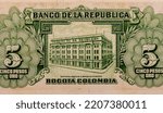 Bank building, Portrait from Colombia 5 Peso Oro 1953 Banknotes. 