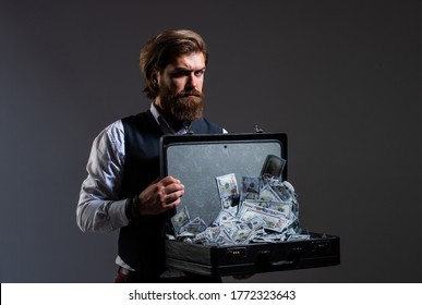 Bank Concept. Saving Dollar Money. Billionaire. Rich Businessman With Money Bag. Luxury And Success. Lottery Winnings Of Man. Hit The Jackpot. Man Hold Suitcase With Money.