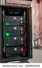 Bank Of Electric Batteries In A Residential House Used For Backup Power Or In Conjunction With Solar Energy Storage