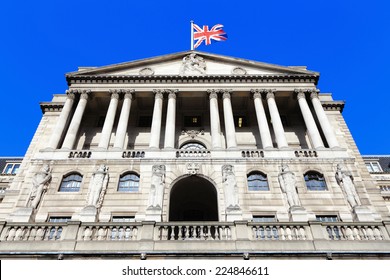 Bank of England with flag, The historical building in London, UK