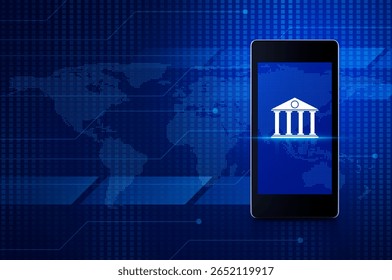 Bank flat icon on modern smart mobile phone screen over digital world map technology style, Mobile banking concept, Elements of this image furnished by NASA