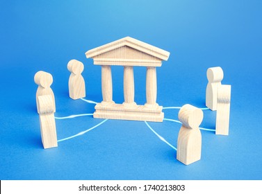 Bank or government state is an intermediary between people. Communication and the functioning of economic relations between entities, regulatory services. Courts and justice. Institution Management. - Shutterstock ID 1740213803