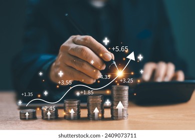Bank interest rate, finance dividend concept. Businessman calculating saving trade, yield return on money investment, data stock, tax graph return, retirement compensation fund, business market 
