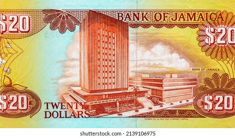 Bank Of Jamaica Building, Portrait From Jamaica 20 Dollars 1995 Banknotes.  