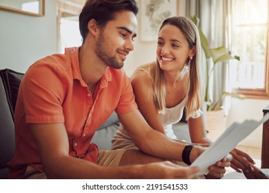 Bank Loan Approved, Mortgage Or Home Deposit Is Successful For A Happy Couple Reading Paperwork At Home. Lovers Planning Financial Budget And Expenses Or Tax And Are Happy About Salary