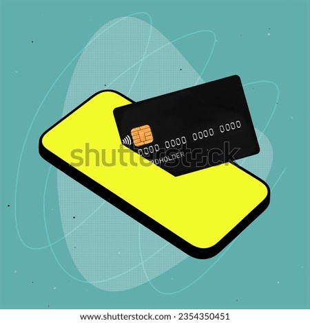 Bank plastic credit card sticking out of a mobile phone with yellow screen isolated on teal background. Shopping, payment. 3d trendy collage in magazine style. Contemporary art. Modern creative design