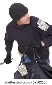 Bank Robber Running With Money Bag - Isolated On White