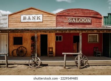 Bank and saloon facade in wild western city - Shutterstock ID 2229549485