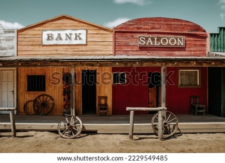Bank and saloon facade in wild western city