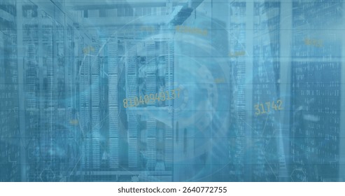 Bank of server racks streaming binary code via cables in data center, with holographic interface. Futuristic, technology, cyber, digital, network, innovation, data