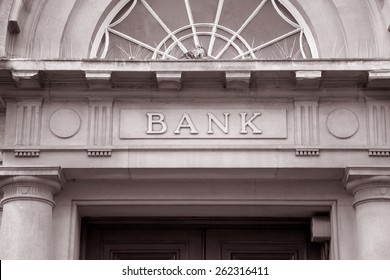 Bank Sign over Entrance Door in Black and White Sepia Tone - Shutterstock ID 262316411