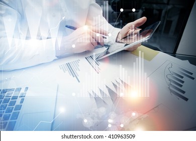 Bank trade manager working process.Concept photo trader work market report modern tablet.Using electronic device.Graphic icons,stock exchange reports screen interfaces.Business startup.Film effect - Powered by Shutterstock