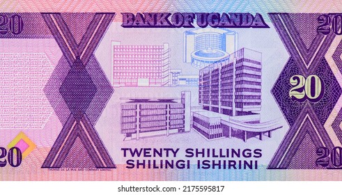 Bank Of Uganda Headquarters Building In Kampala, Portrait From Uganda 5 Shillings 1987 Banknotes.