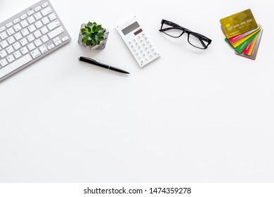 Banker Work Place With Credit Cards, Keyboard And Calculator On White Background Top View Mockup