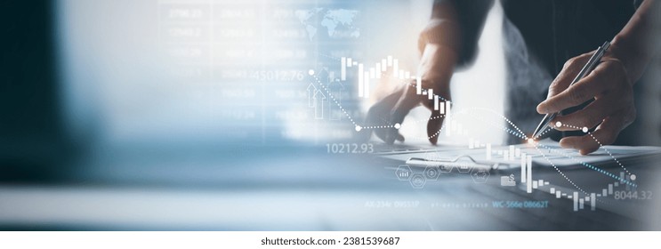 Banking business, finance and investment concept. Businessman analyzing market data, financial graph report, economic growth, business strategy, planning and solution, risk management - Shutterstock ID 2381539687