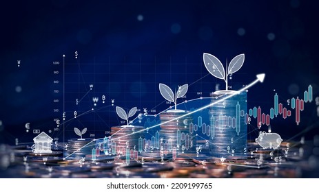 Banking Finance Or Business Investment Ideas Are Thriving. There Is A Tree Icon Above The Coins Arranged In A Growing Bar Chart On A Dark Blue Background. Polygon Are Connected To Different Currencies