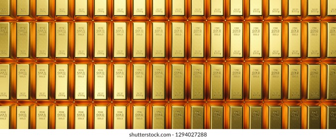 Banking And Financial Industry Concept With Gold Bars In A Row. Banner Size- Although The Gold Standard Has Passed, A Declining US Dollar Means Rising Gold Prices