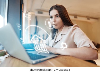 Banking invoice payment being processed by a woman using a laptop in an office setting