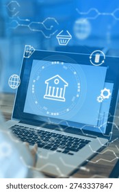 Banking invoice payment process shown on laptop screen with digital icons