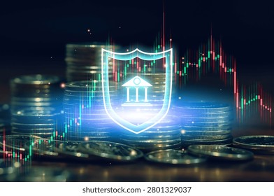 Banking security concept with shield icon, stacked coins and financial chart. Represents asset protection, secure investments, risk management, financial safety and digital banking services.