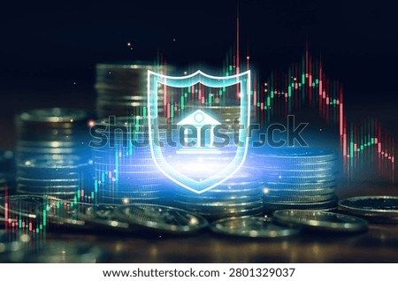 Banking security concept with shield icon, stacked coins and financial chart. Represents asset protection, secure investments, risk management, financial safety and digital banking services.