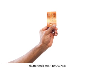 Banking Services. Black Male Hand Holding Plastic Credit Card On White Isolated Studio Background, Copy Space, Cutout