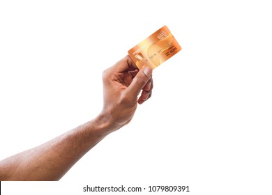 Banking Services. Black Male Hand Holding Plastic Credit Card On White Isolated Studio Background, Copy Space, Cutout