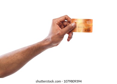 Banking Services. Black Male Hand Holding Plastic Credit Card On White Isolated Studio Background, Copy Space, Cutout