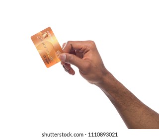 Banking Services. Black Male Hand Holding Plastic Credit Card On White Isolated Studio Background, Copy Space, Cutout